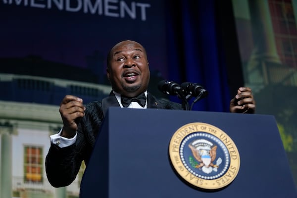 Comedian Roy Wood Jr., a correspondent for "The Daily Show," speaks during the White House Correspondents' Association dinner at the Washington Hilton in Washington, Saturday, April 29, 2023. (AP Photo/Carolyn Kaster)