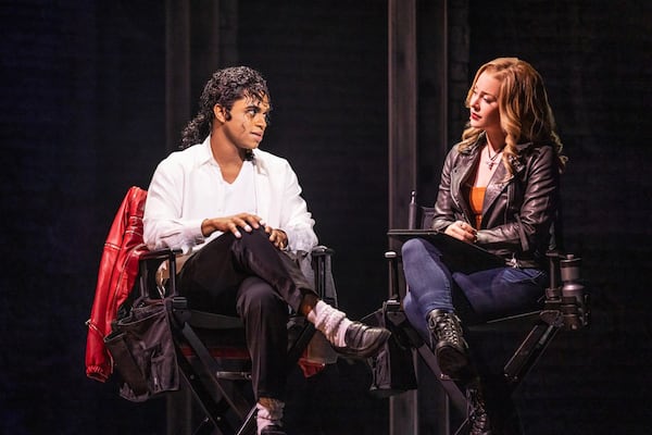 Roman Banks stars as Michael Jackson, and Mary Kate Moore plays the character Rachel in “MJ,” the Broadway musical telling of the talented and troubled pop star.
(Courtesy of Matthew Murphy, Murphy Made)