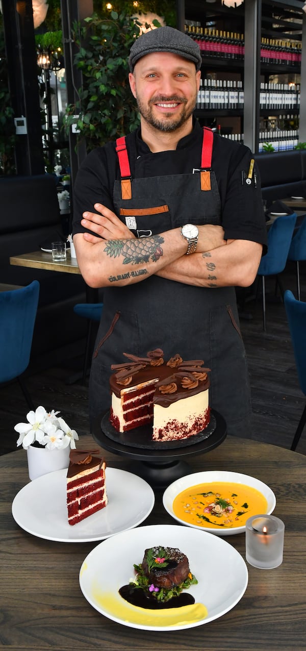 Executive chef Rodney Smith of 5Church shows highlights of a Valentine's Day menu: (clockwise from upper left) Red Velvet Cake, Sweet Potato Bisque and Filet Mignon. (Styling by Rodney Smith and Ben Collins of 5Church / Chris Hunt for the AJC)