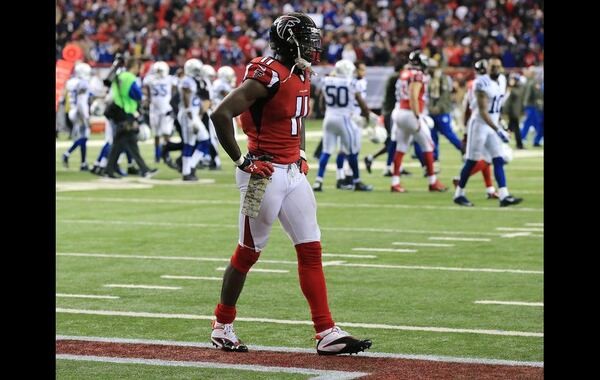 Julio Jones was not happy after the loss to the Colts. He talked about the offense not having a killer instinct after the game. (Curtis Compton/AJC).