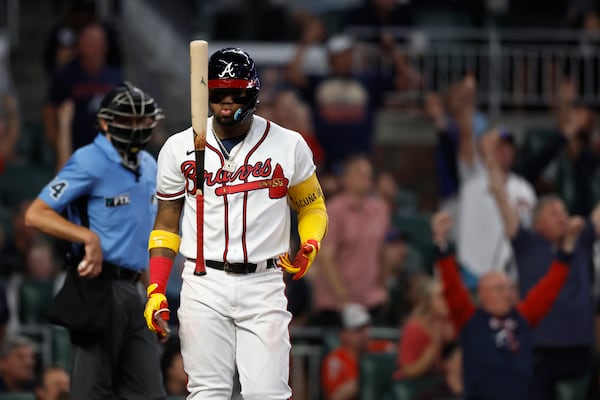 Braves right fielder Ronald Acuna flips his bat after  hitting a two-run home run during the third inning against the Philadelphia Phillies at Truist Park, Saturday, September 17, 2022, in Atlanta. (Jason Getz / Jason.Getz@ajc.com)