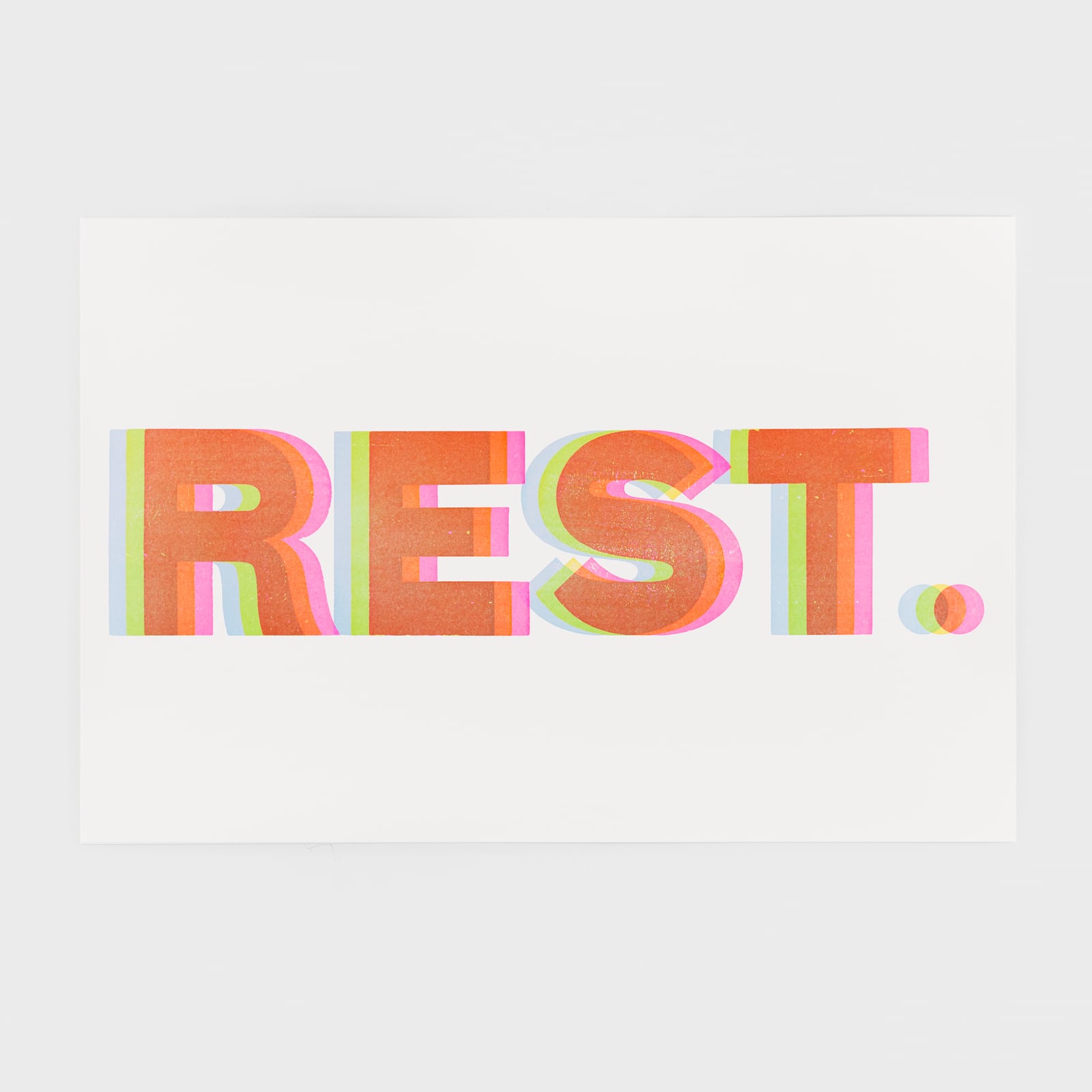 The calmness of “REST.” is juxtaposed with the movement in this letterpress image by Jenn Graves.
(Courtesy of Jenn Graves at 20x200.com)