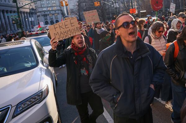 Protestors demonstrate and demand the release of Palestinian activist Mahmoud Khalil, Monday, March 10, 2025, outside the Jacob K. Javits Federal Building in New York. (AP Photo/Yuki Iwamura)