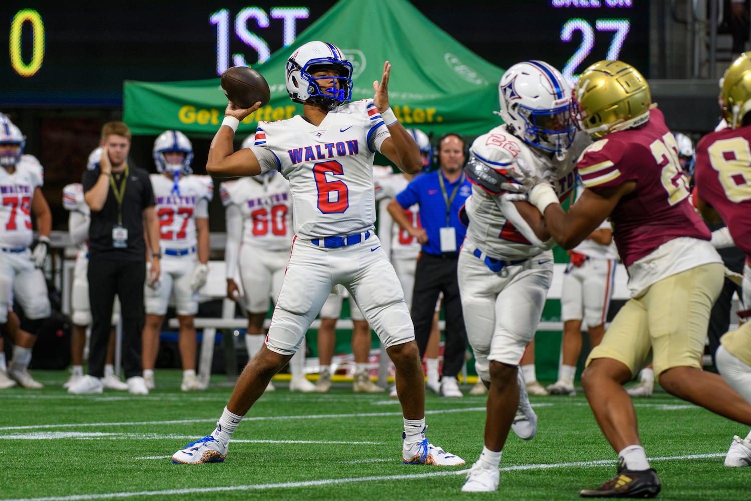 Kaeden Gilstrap, quarterback for Walton, throws a pass. (Jamie Spaar for the Atlanta Journal Constitution)