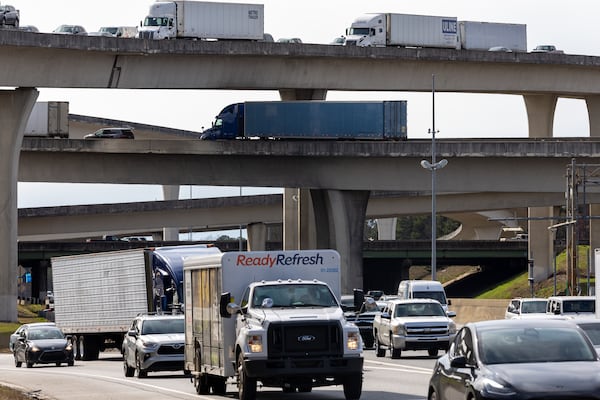 Traffic moves along Tom Moreland Interchange, the interchange of I-85 and I-285 also known as Spaghetti Junction, northeast of Atlanta on Friday, Feb. 10, 2023. (Arvin Temkar / arvin.temkar@ajc.com)