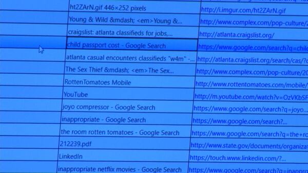 Defense lawyers show jurors a partial web browser history during the murder trial of Justin Ross Harris at the Glynn County Courthouse in Brunswick, Ga., on Wednesday, Oct. 19, 2016. Harris' lawyers said that Harris searched child passport photos on the morning of Cooper's death because he was planning a vacation. Lawyers would return to this web browser history the next day as their cross examination continued. (screen capture via WSB-TV)