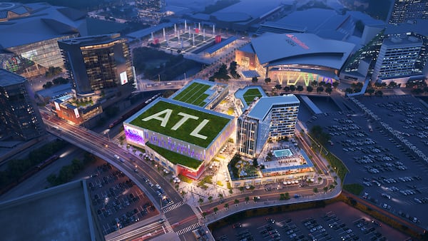 This is a rendering of the planned entertainment district that will make up the center of the Centennial Yards development in downtown Atlanta. The project was designed by Atlanta architecture firm Gensler.