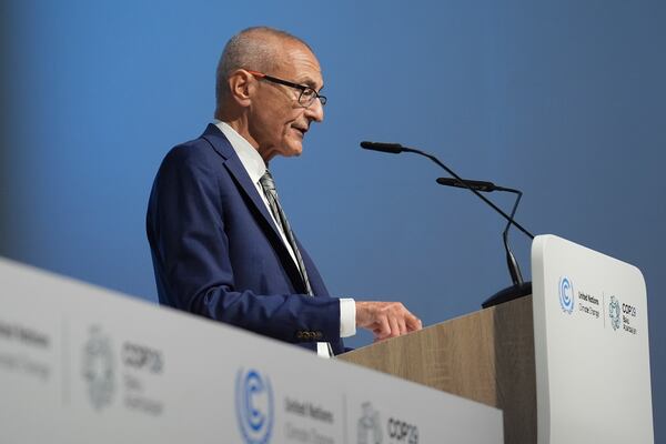 John Podesta, U.S. climate envoy, speaks during a news conference at the COP29 U.N. Climate Summit, Monday, Nov. 11, 2024, in Baku, Azerbaijan. (AP Photo/Joshua A. Bickel)