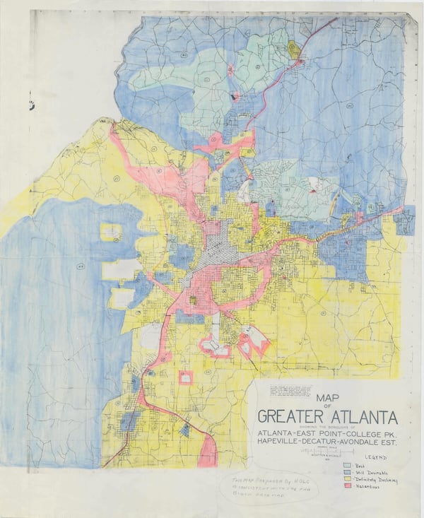 Alec Morgan, a field agent for the mortgagee rehabilitation division of the Home Owners' Loan Corporation created this map of Atlanta in 1936. Rendered in India ink and watercolor, this early map shows colors that correspond to perceived levels of lending risks in neighborhoods. Source: National Archives via Todd Michney