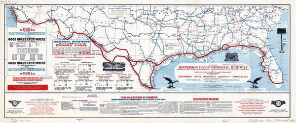 This map of the Jefferson Davis Memorial Highway was published by the National Highways Association in 1916. The highway was conceived by the United Daughters of the Confederacy in 1913 and eventually ran all the way up to Washington state’s border with Canada, incorporating spurs, including ones to Atlanta and Richmond. In 1925, a new government numbering system made highway names such as this obsolete.