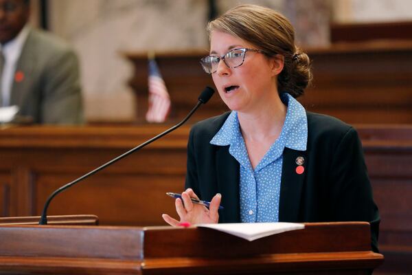 FILE - Senate Elections Committee Chair Jenifer Branning, R-Philadelphia, explains a facet of an absentee-ballot bill during floor debate at the Capitol in Jackson, Miss., June 15, 2020. (AP Photo/Rogelio V. Solis, File)