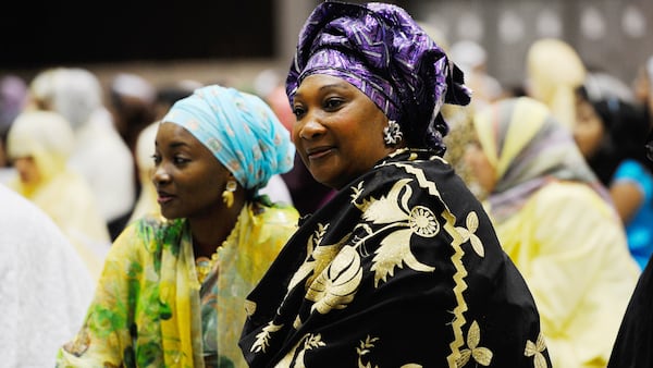 Muslim women gather for a special Eid ul-Fitr morning prayer at the Los Angeles Convention Center in Los Angeles, California.