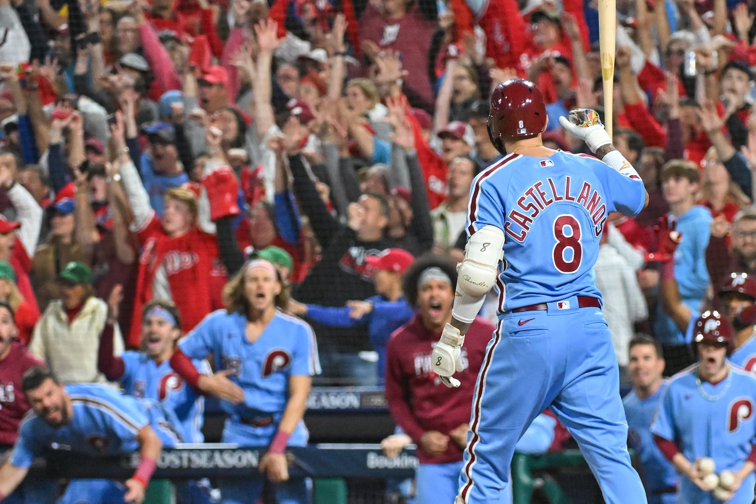 Philadelphia Phillies’ Nick Castellanos (8) hits a solo home run against the Atlanta Braves during the sixth inning of NLDS Game 4 at Citizens Bank Park in Philadelphia on Thursday, Oct. 12, 2023.   (Hyosub Shin / Hyosub.Shin@ajc.com)