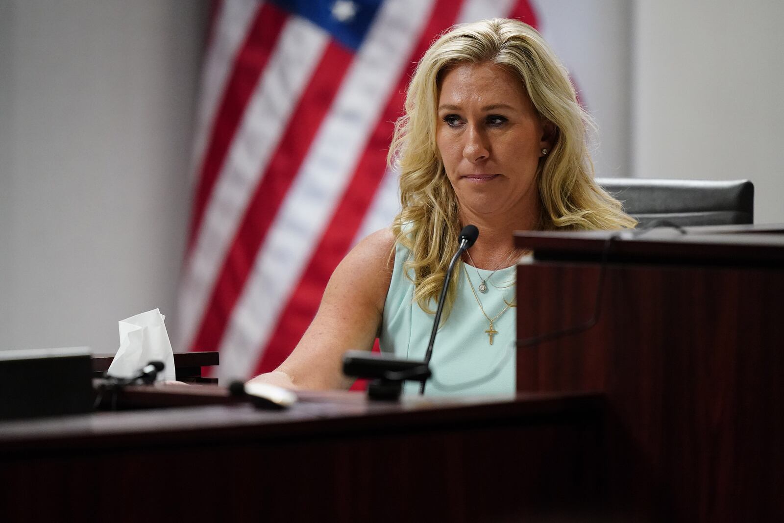 U.S. Rep. Marjorie Taylor Greene speaks during a court hearing on April 22, 2022, in Atlanta. (John Bazemore/Pool/Getty Images/TNS)