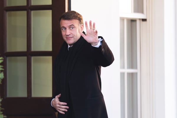 French President Emmanuel Macron, arrives at the White House, Monday, Feb. 24, 2025, in Washington. (AP Photo/Manuel Balce Ceneta)