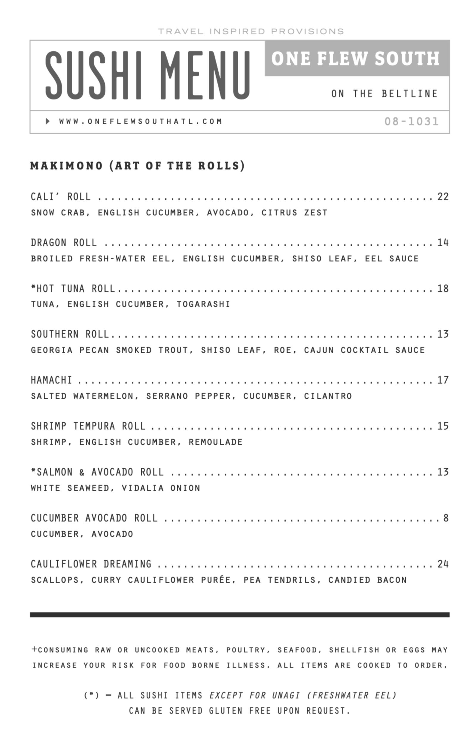 One Flew South menu