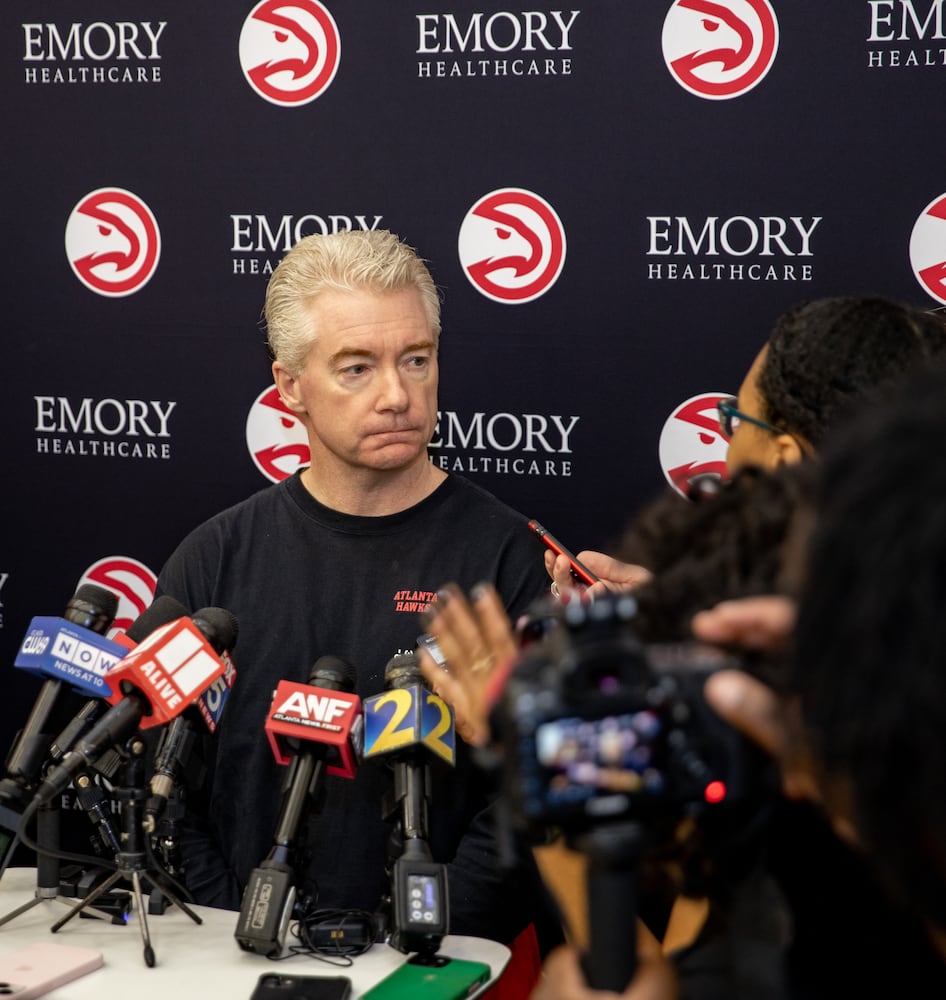 Hawks Interim Head Coach Joe Prunty addresses reporters questions about his role on Wednesday, Feb 22, 2023 at the team’s practice facility now that the decision to fire Head Coach Nate McMillan was made.(Jenni Girtman for The Atlanta Journal-Constitution)