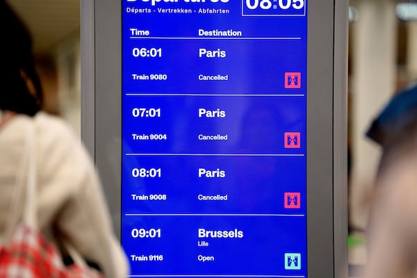 A view of a departures screen at St Pancras International station in London, Friday March 7, 2025, after Eurostar trains to the capital have been halted following the discovery of an unexploded Second World War bomb near the tracks in Paris. (James Manning/PA via AP)