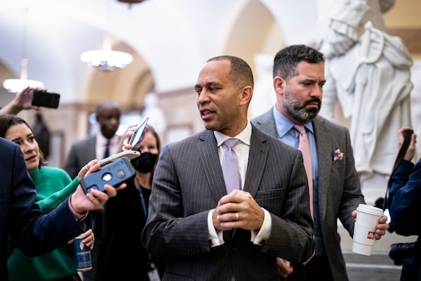 Rep. Hakeem Jeffries, D-N.Y., widely considered likely to be part of the new House Democratic leadership, brushed aside questions from reporters on Thursday, declaring it “the day to celebrate the extraordinary accomplishments of Speaker Nancy Pelosi, a leader for the ages.” (Al Drago/The New York Times)