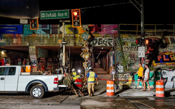 Road work on Dekalb Avenue continues through the night, Thursday.  June 15th, 2023 (Ben Hendren for the Atlanta Journal-Constitution)