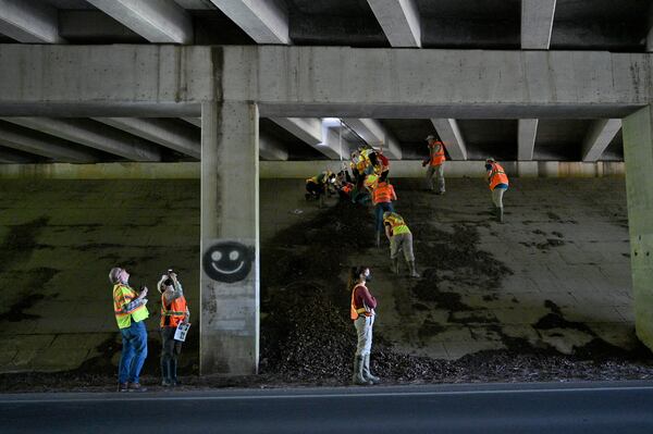 Georgi DNR scientists and trainees look for bats under a bridge near Calhoun on Thursday, May 3, 2023. (Hyosub Shin / Hyosub.Shin@ajc.com)