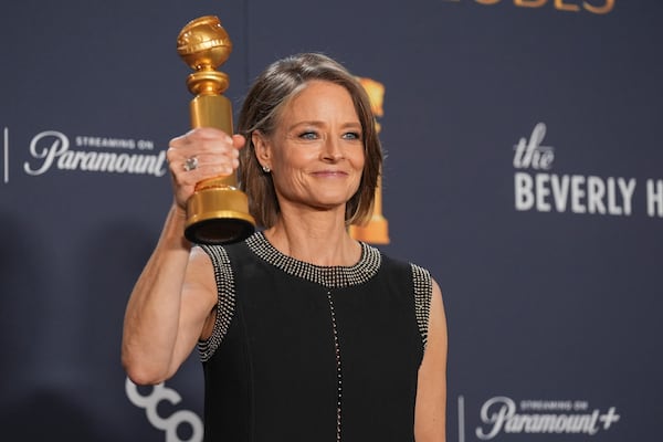 Jodie Foster poses in the press room with the award for best performance by a female actor in a limited series, anthology series, or a motion picture made for television for "True Detective: Night Country" during the 82nd Golden Globes on Sunday, Jan. 5, 2025, at the Beverly Hilton in Beverly Hills, Calif. (AP Photo/Chris Pizzello)