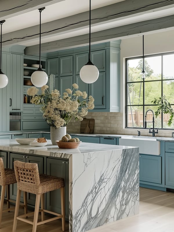 Prompts for this kitchen rendering included “cottage-core design aesthetic with a modern twist and color palette of creamy white, jade green and soft blue.” (Courtesy of Cynthia Ruff/AI)