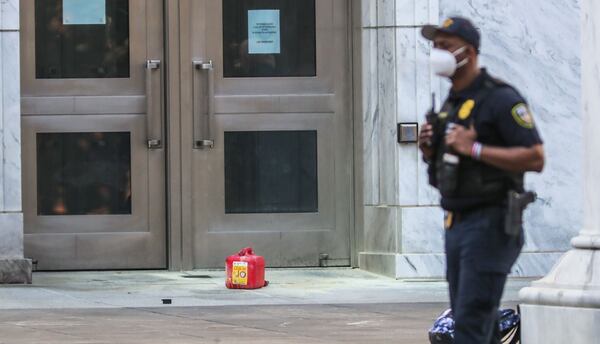 A gas can abandoned outside of Atlanta's Federal Reserve building. 