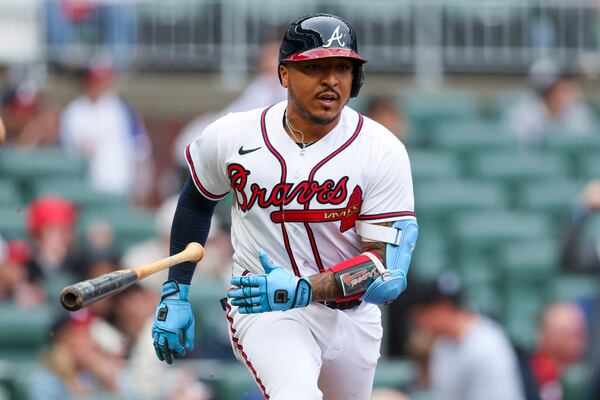 Atlanta Braves’ Chadwick Tromp reacts after hitting a RBI single during the fifth inning against the Miami Marlins at Truist Park, Thursday, April 27, 2023, in Atlanta. The Braves lost to the Marlins 5-4. Jason Getz / Jason.Getz@ajc.com)