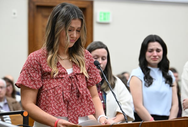 Connolly Huth, roommate of Laken Riley, reads a "victim impact statement" before Superior Court Judge H. Patrick Haggard (not pictured) during the trial of Jose Ibarra at Athens-Clarke County Superior Court on Nov. 20 in Athens. Jose Ibarra was found guilty of murder in the February 2024 killing of nursing student Laken Riley on the University of Georgia campus. He was sentenced to life in prison without the possibility of parole. (Hyosub Shin/AJC)