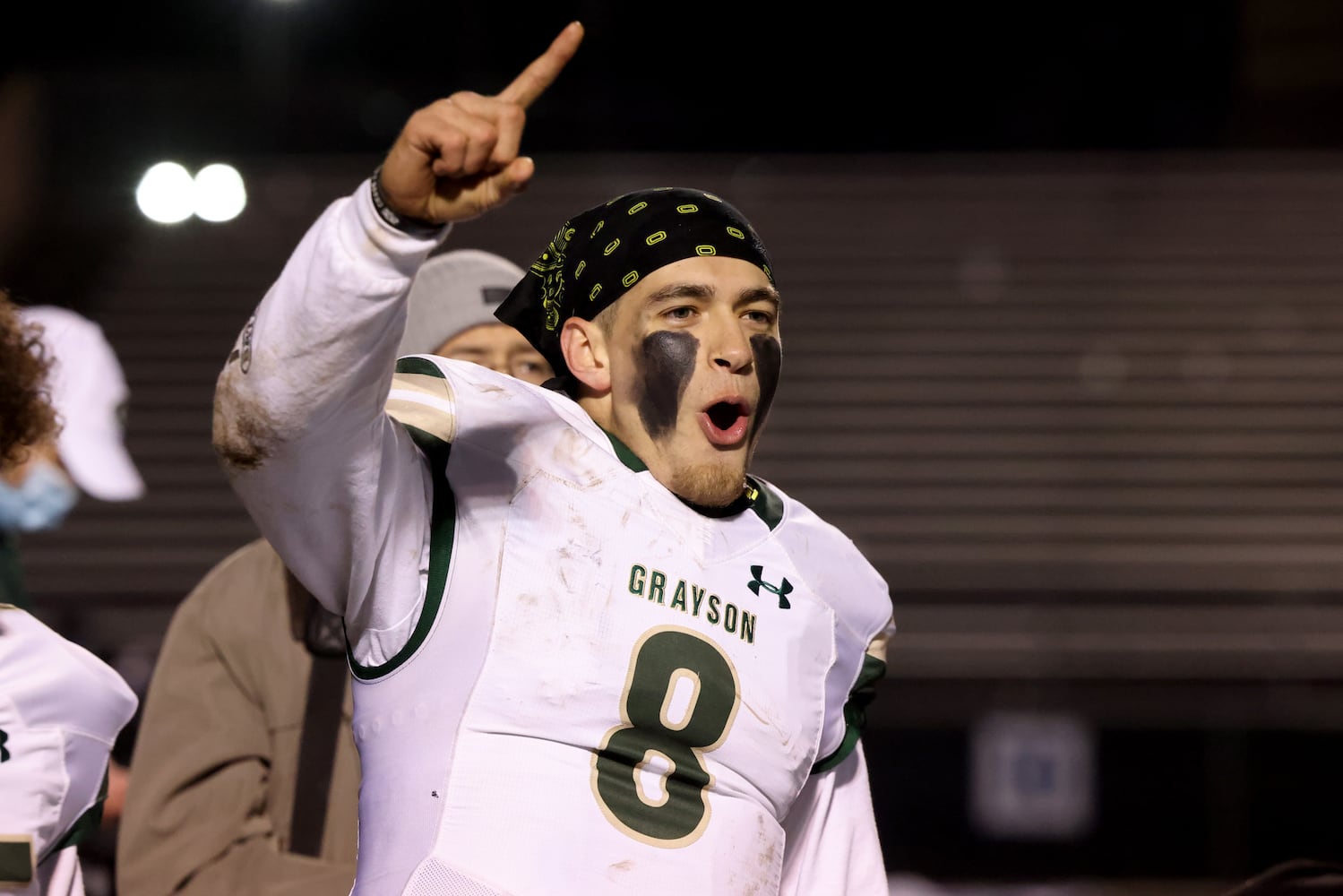 Dec. 18, 2020 - Norcross, Ga: Grayson quarterback Jake Garcia celebrates GraysonÕs 28-0 win against Norcross in the Class AAAAAAA semi-final game at Norcross high school Friday, December 18, 2020 in Norcross, Ga.. Grayson advances to play in the Class AAAAAAA final. JASON GETZ FOR THE ATLANTA JOURNAL-CONSTITUTION