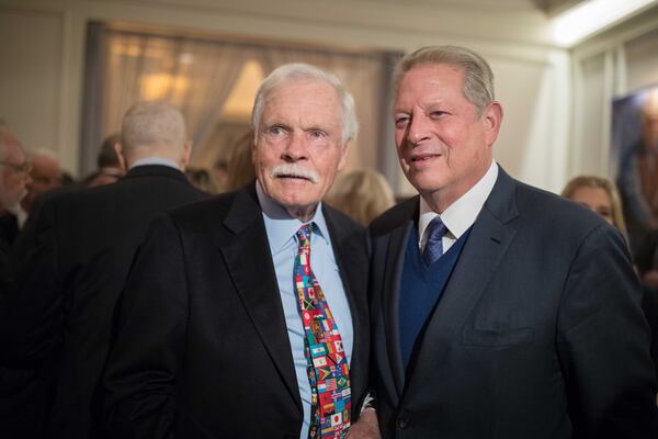 Ted Turner poses for a photo with former Vice President Al Gore during Turner's 80th birthday party at the St. Regis Atlanta hotel on Saturday, Nov. 17, 2018, in Atlanta.  Turner, who recently announced he has Lewy body dementia, turns 80 on Monday. (Photo: BRANDEN CAMP/SPECIAL TO THE AJC)