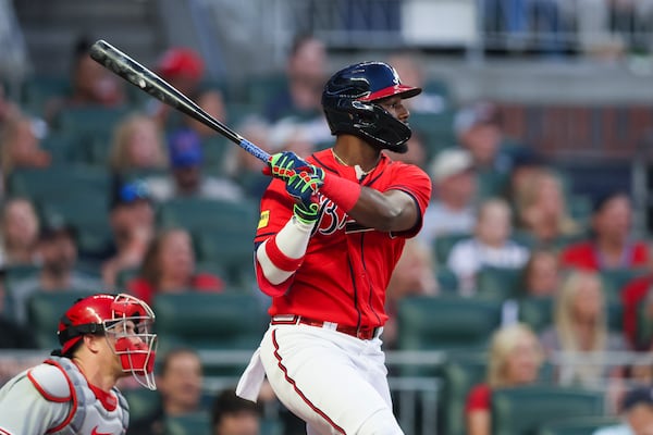 Atlanta Braves’ Michael Harris hits a two-run home run during the fifth inning against the Philadelphia Phillies at Truist Park, Friday, May 26, 2023, in Atlanta. (Jason Getz / Jason.Getz@ajc.com)