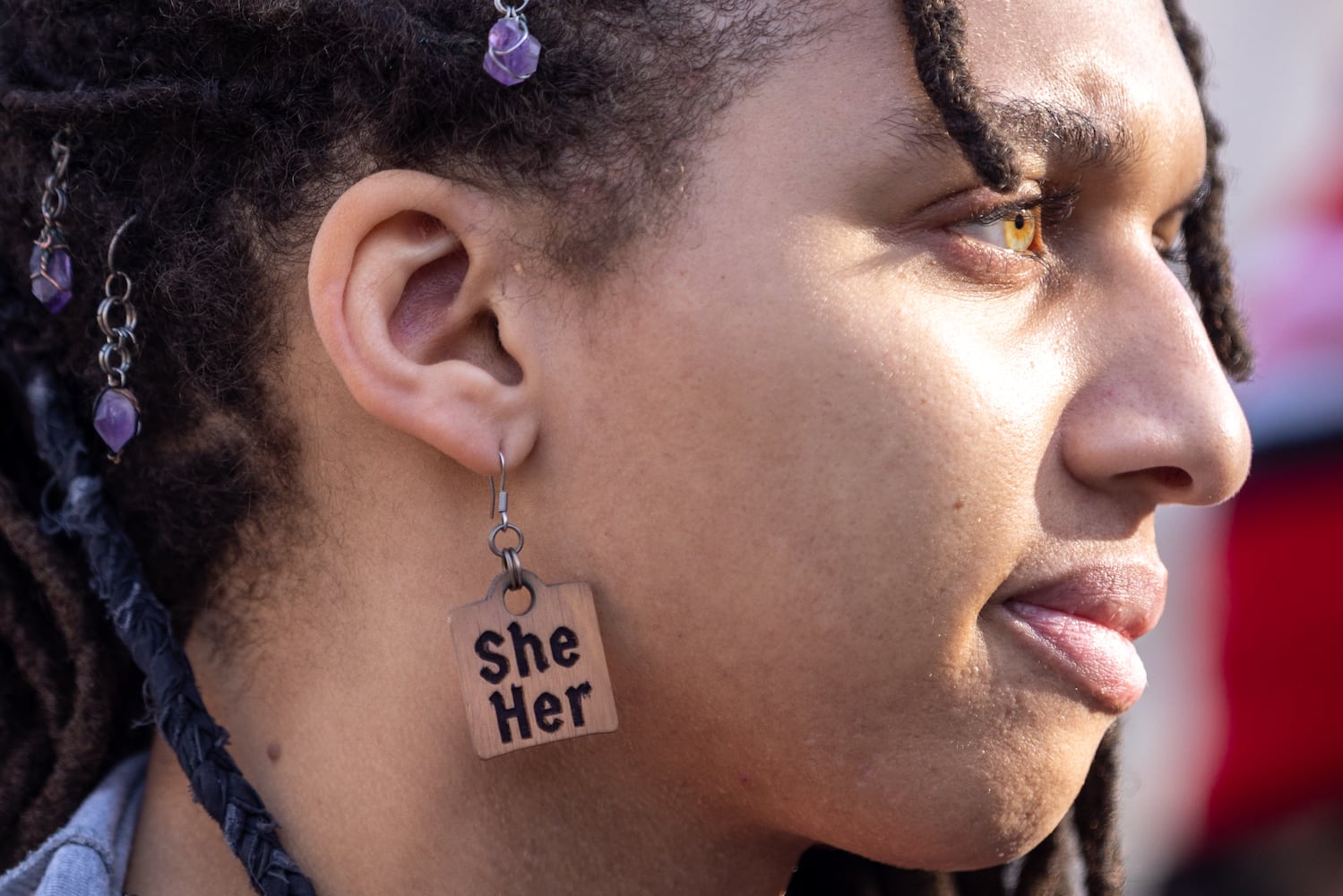 Amelia Bonkdóttir attends a rally against SB 140 outside the Capitol in Atlanta on Monday, March 20, 2023. SB 140 would prevent medical professionals from giving transgender children certain hormones or surgical treatment. (Arvin Temkar / arvin.temkar@ajc.com)