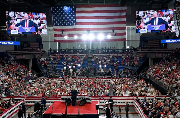 Former President Donald Trump speaks during a rally at the Georgia State University’s convocation center on Saturday, August 3, 2024 in Atlanta. Former President Donald Trump and Vice-Presidential candidate JD Vance are holding their first rally together in Georgia on Saturday at the same place – the GSU Convocation Center- Kamala Harris held hers earlier this week.  (Hyosub Shin / AJC)