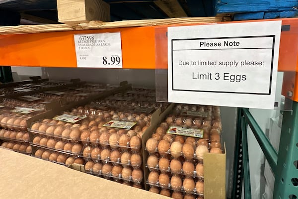 A sign advises customers on the limit of cartons of eggs that can be purchased in a Costco warehouse Thursday, March 13, 2025, in Sheridan, Colo. (David Zalubowski/AP)