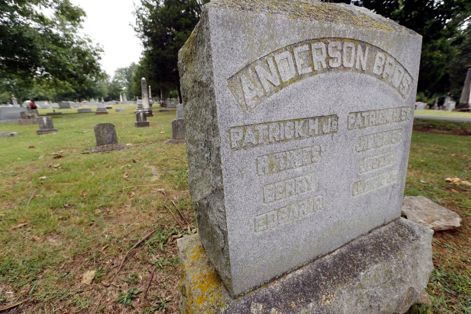 In this Monday, July 9, 2012 photo, the family grave stone of slave owner Col. Patrick Henry Anderson stands in Cedar Grove Cemetery in Lebanon, Tenn. A letter sent to Anderson and credited to his former slave, Jordan Anderson, has been praised as a masterpiece of satire, pretending to consider the master's invitation to return to the plantation, requesting unpaid wages, and sending respects to another man "for taking the pistol from you when you were shooting at me." (AP Photo/Mark Humphrey)