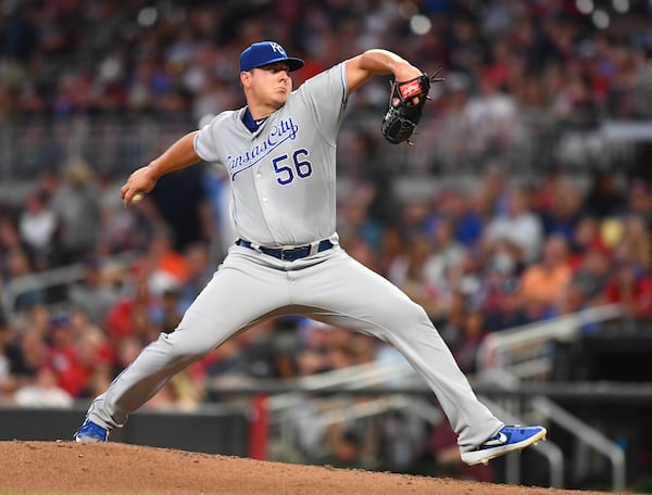 Brad Keller #56 of the Kansas City Royals throws a pitch against the Atlanta Braves at SunTrust Park. (Photo by Scott Cunningham/Getty Images)