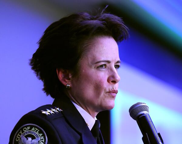 Atlanta Chief of Police Erika Shields addresses the audience after taking her oath of office at the Commerce Club on Tuesday, Jan. 10, 2017, in Atlanta. Curtis Compton/ccompton@ajc.com