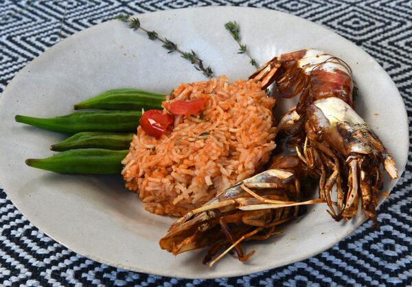 Jollof Rice with Roasted Shrimp and Okra might remind some people of gumbo or jambalaya. (Styling by Lisa Hanson / Chris Hunt for the AJC)