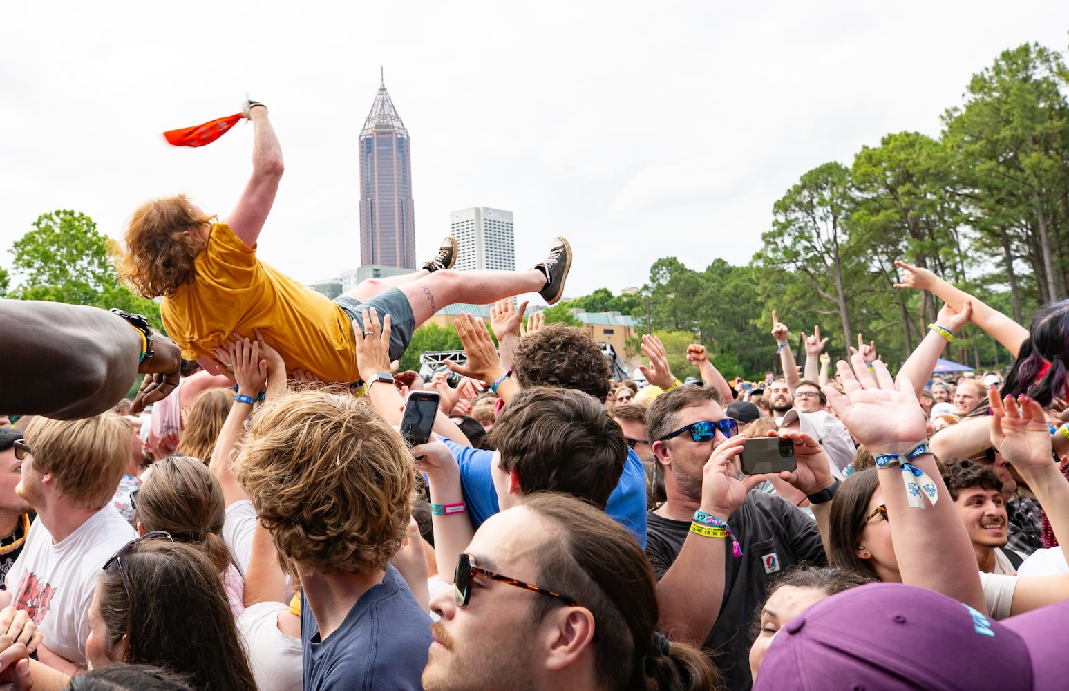 Atlanta, Ga: Bad Nerves killed with high flying acrobats and punk songs to an audience of crowd-surfing fanatics. Photo taken Saturday May 4, 2024 at Central Park, Old 4th Ward.  (RYAN FLEISHER FOR THE ATLANTA JOURNAL-CONSTITUTION)