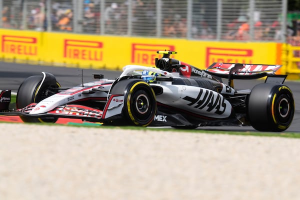 Haas driver Oliver Bearman of Britain steers his car during the third practice session at the Australian Formula One Grand Prix at Albert Park, in Melbourne, Australia, Saturday, March 15, 2025. (AP Photo/Asanka Brendon Ratnayake)