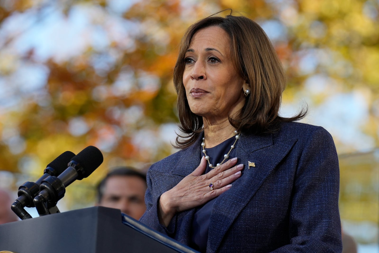 Democratic presidential nominee Vice President Kamala Harris speaks during a campaign event at Washington Crossing Historic Park, Wednesday, Oct. 16, 2024, in Washington Crossing, Pa. (AP Photo/Jacquelyn Martin)