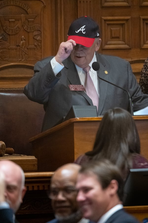 Georgia House Speaker David Ralston, R-Blue Ridge, tips his Braves hat Wednesday before the start of the first day of the special legislative session for redistricting. Ben Gray for the Atlanta Journal-Constitution