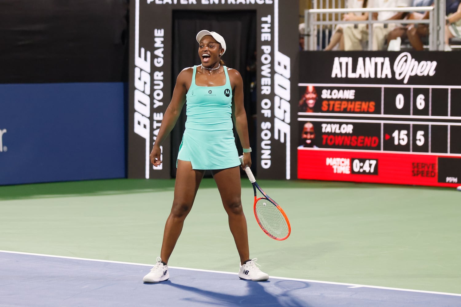 Sloane Stephens argues with Taylor Townsend after a point during an exhibition match in the  Atlanta Open at Atlantic Station on Sunday, July 21, 2024, in Atlanta.
(Miguel Martinez / AJC)