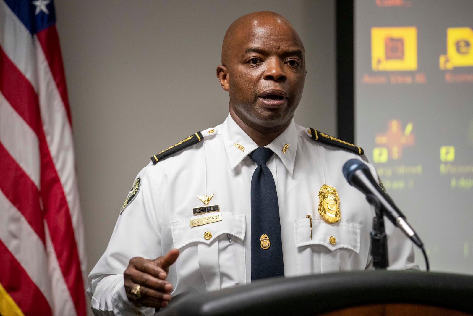 Atlanta Interim Police Chief Rodney Bryant speaks during a news conference at Atlanta Police Department headquarters on July 7, 2020.(ALYSSA POINTER / ALYSSA.POINTER@AJC.COM)