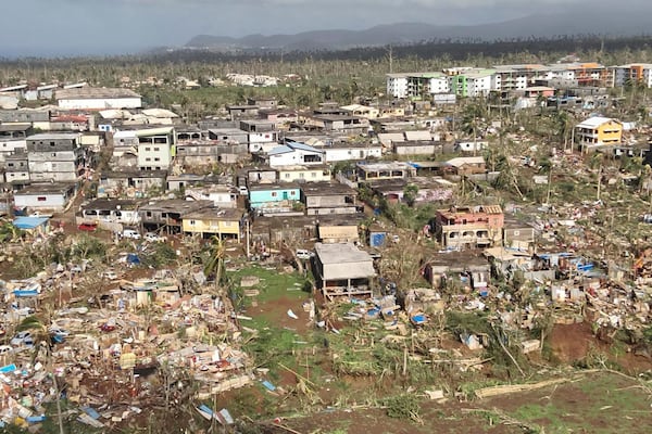 This photo provided on Monday Dec. 16, 2024 by the Civil Security shows part of the French territory of Mayotte in the Indian Ocean, after the island was battered by its worst cyclone in nearly a century. (UIISC7/Securite Civile via AP)