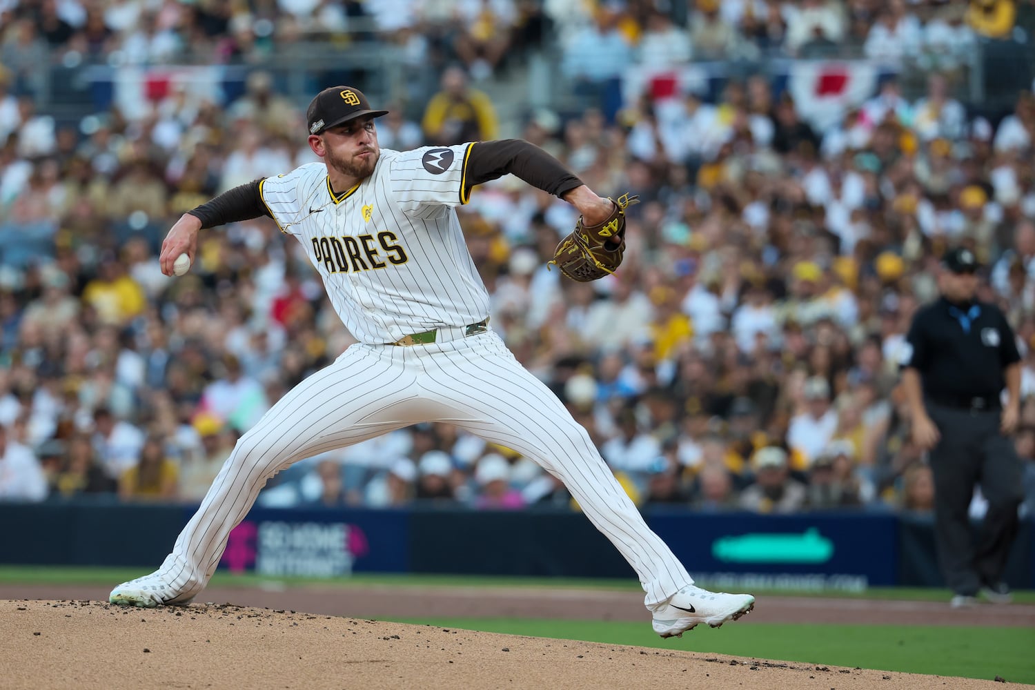 San Diego Padres pitcher Joe Musgrove delivers to the Atlanta Braves during the first inning of National League Division Series Wild Card Game Two against the San Diego Padres at Petco Park in San Diego on Wednesday, Oct. 2, 2024.   (Jason Getz / Jason.Getz@ajc.com)