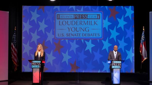 U.S. Sen. Kelly Loeffler debates Democrat Raphael Warnock ahead of the January 2021 runoffs. Hours earlier, U.S. Sen. David Perdue was absent for his debate scheduled with Democrat Jon Ossoff. Ossoff talked while an empty podium represented Perdue.