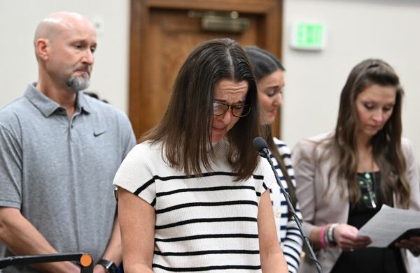 Allyson Phillips, mother of Laken Riley, cries as she reads a victim impact statement before Superior Court Judge H. Patrick Haggard during the trial of Jose Ibarra at Athens-Clarke County Superior Court on Wednesday, Nov. 20, 2024, in Athens. (Hyosub Shin/AJC)